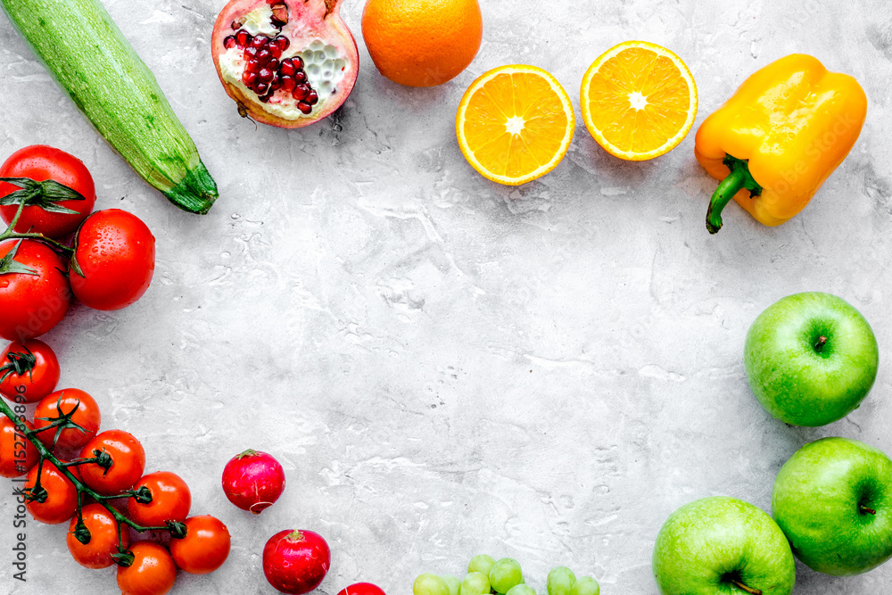 summer food with fresh fruits and vegetables top view space for text