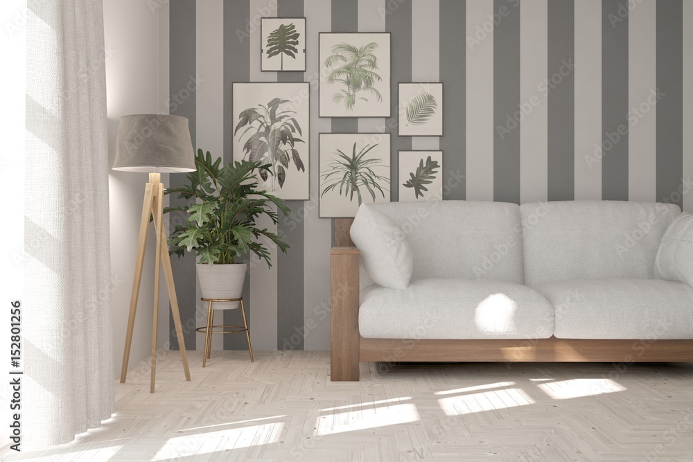 White modern room with sofa. Scandinavian interior design. 3D illustration