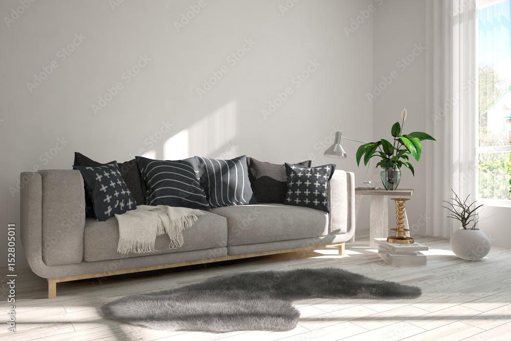 White modern room with sofa. Scandinavian interior design. 3D illustration