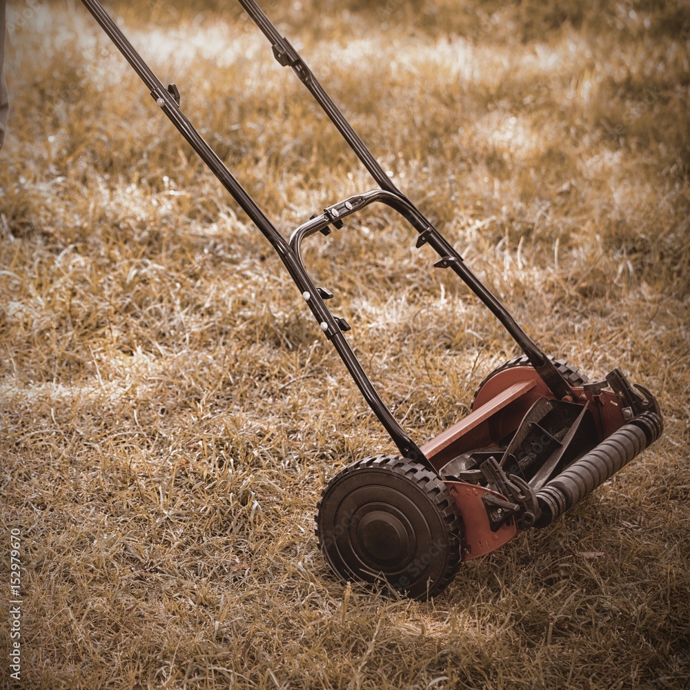 Man with lawnmower on grass