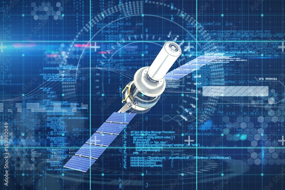 Composite image of high angle view of 3d modern solar satellite