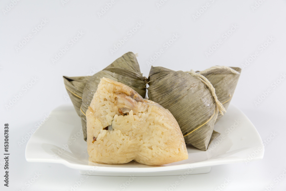 Chinese traditional food zongzi,glutenous rice dumplings, dragon boat festival food isolated on whit