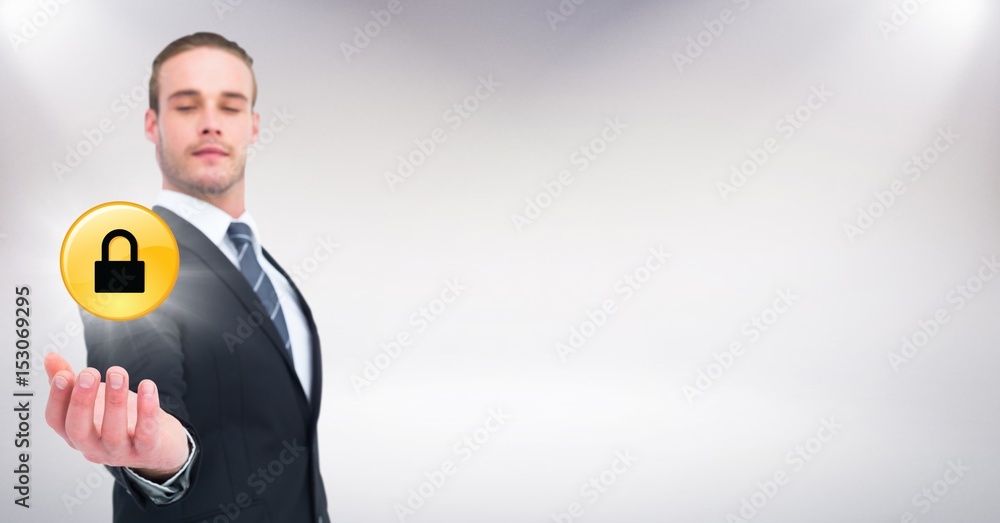 Business man with lock graphic and flare in hand