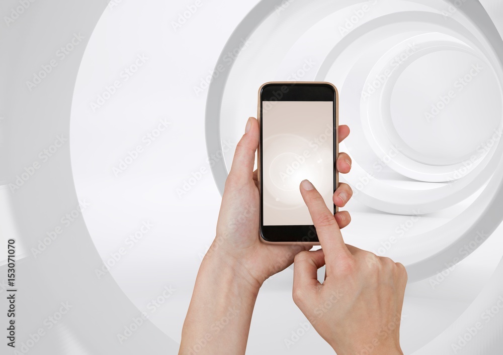 Hand Touching Mobile Phone with circle loop tunnel