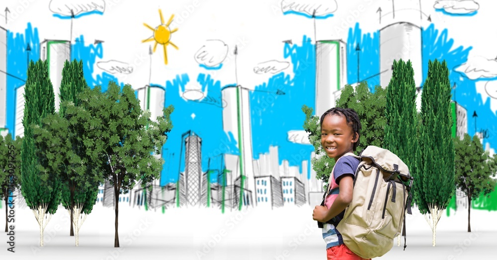 Digital composite image of child with backpack 