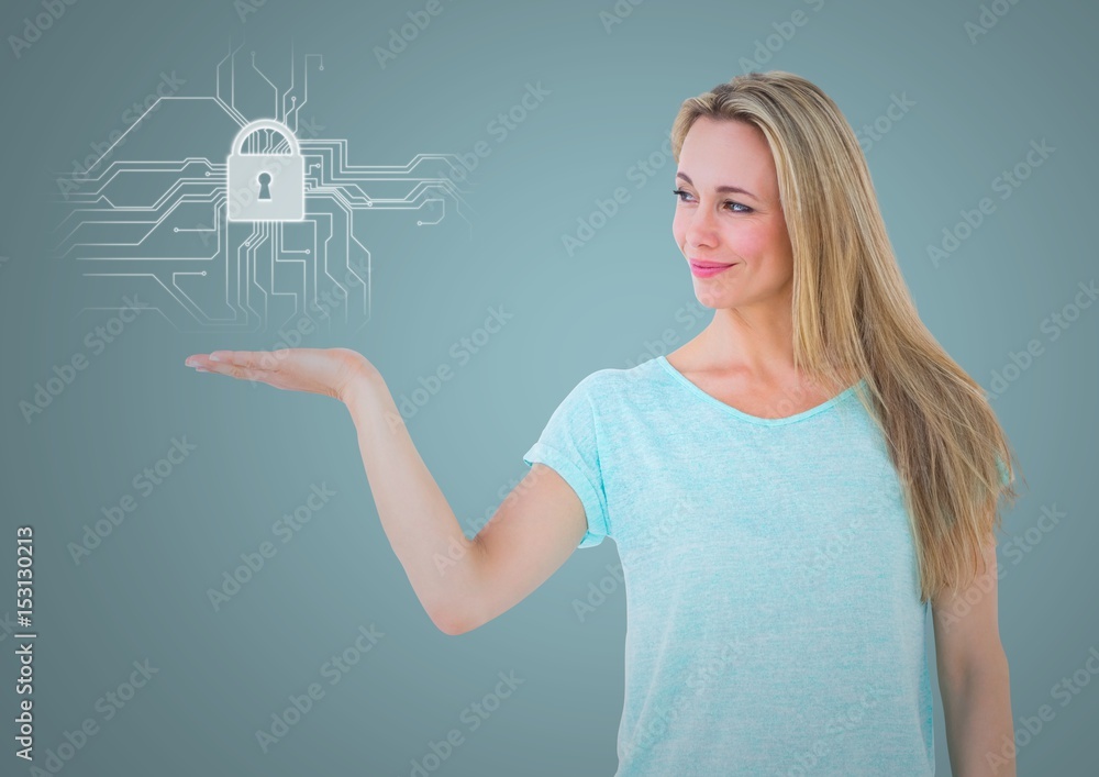 Man with hand out and white lock graphic 