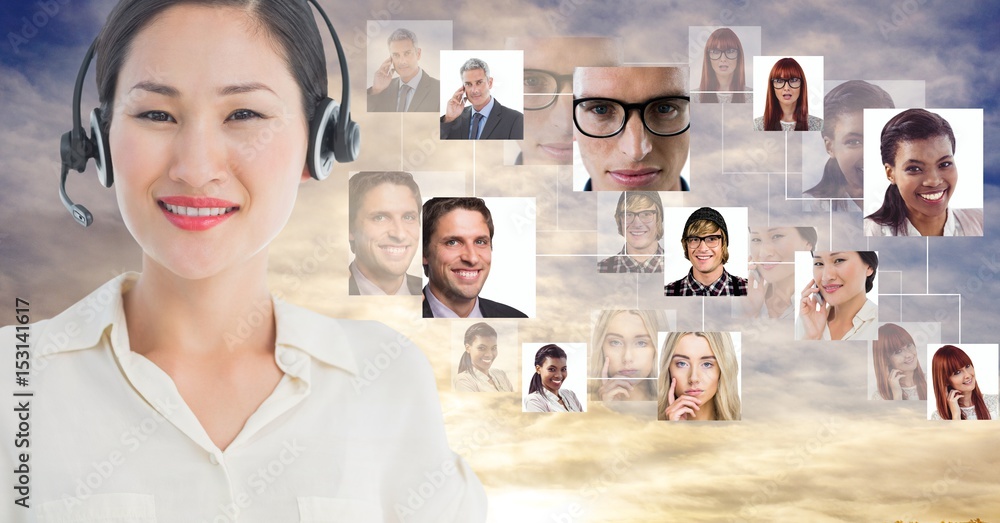 Confident businesswoman wearing headphones by portrait graphics