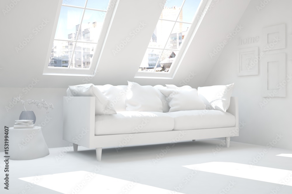 White room with sofa. Scandinavian interior design. 3D illustration