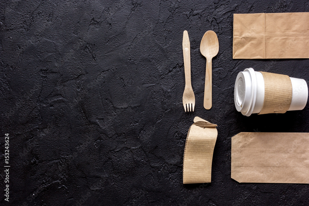 paper bags for food delivery restourant dark table background top view mockup