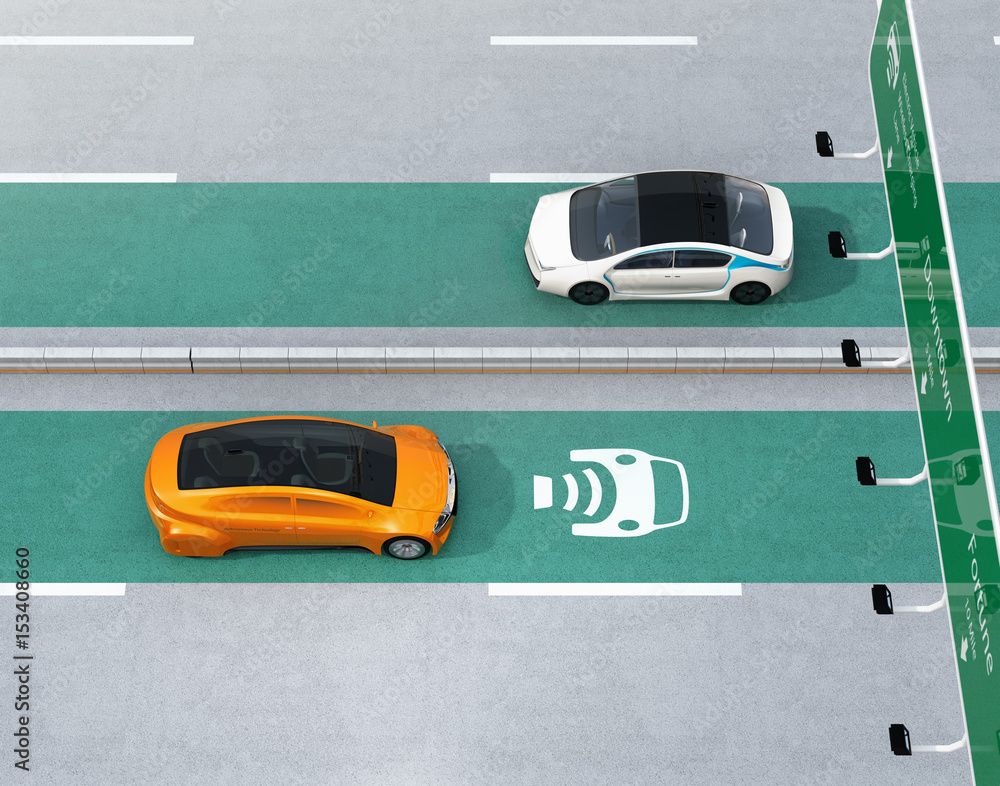 Electric cars driving on the wireless charging lane of the highway.  Solar panel station on the road