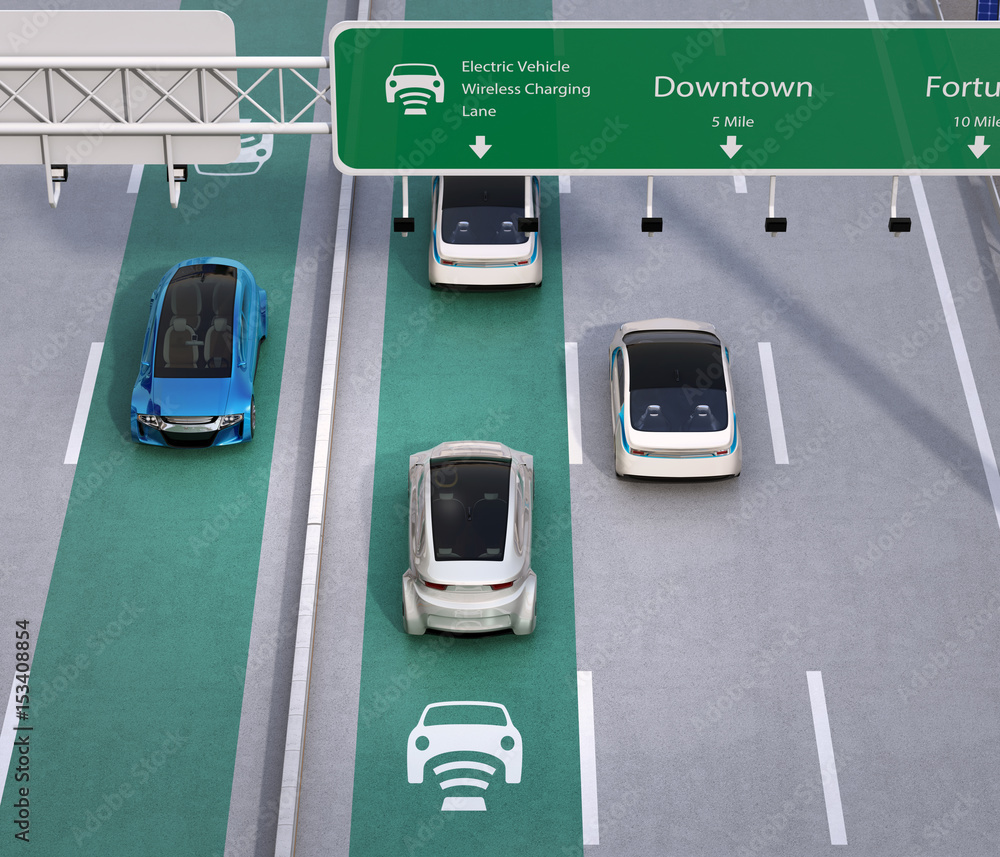 Electric cars driving on the wireless charging lane of the highway.  Solar panel station on the road