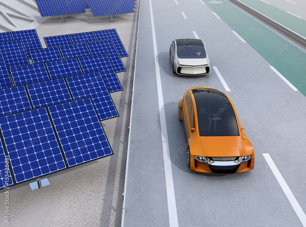 Electric cars driving on the highway.  Solar panel station on the roadside. 3D rendering image.