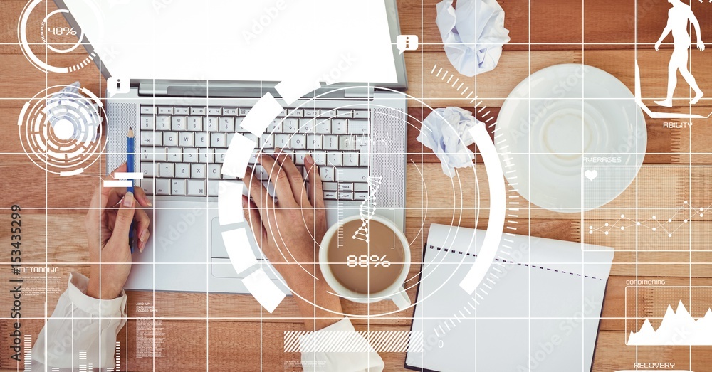 Digital composite image of hands using laptop 