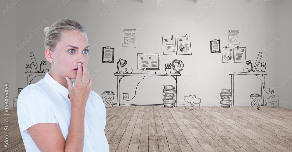 Shocked businesswoman against graphics on wall