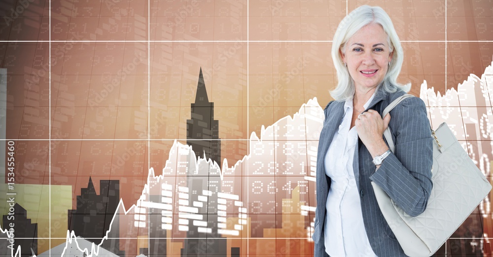 Businesswoman carrying purse against screen