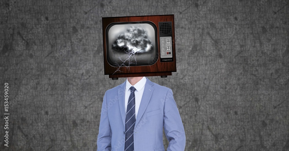 businessman with damaged television in head