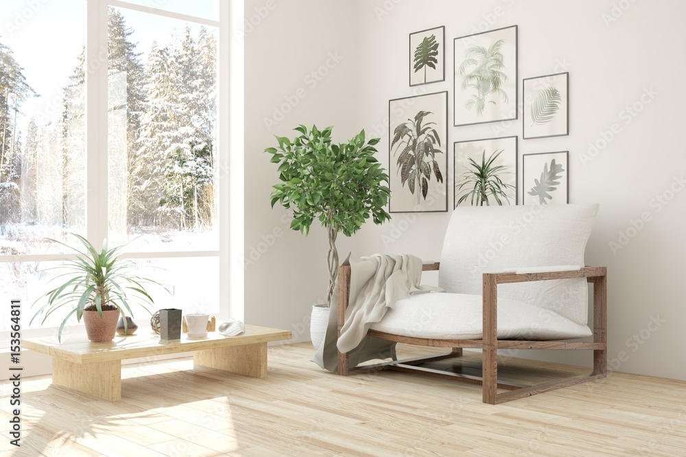 White room with armchair and winter landscape in window. Scandinavian interior design. 3D illustrati