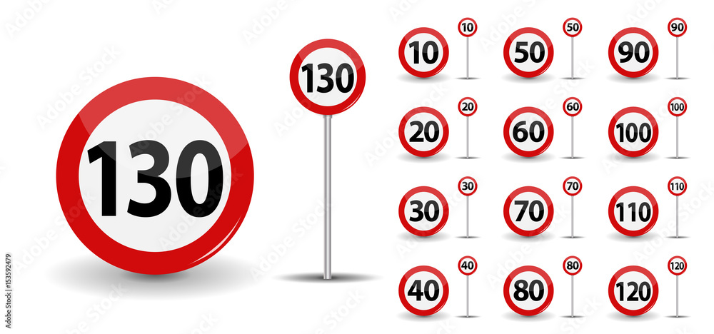 Round Red Road Sign Speed limit 10-130 kilometers per hour. Vector Illustration.