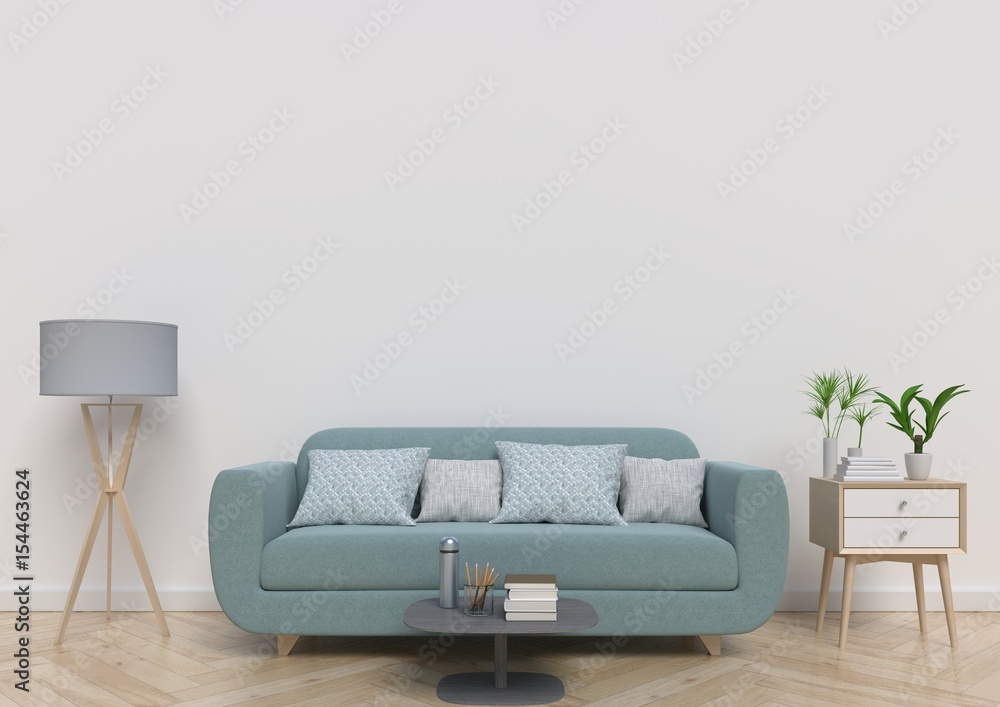 Living-room with sofa, plants and plaid on empty white wall background. 3D rendering