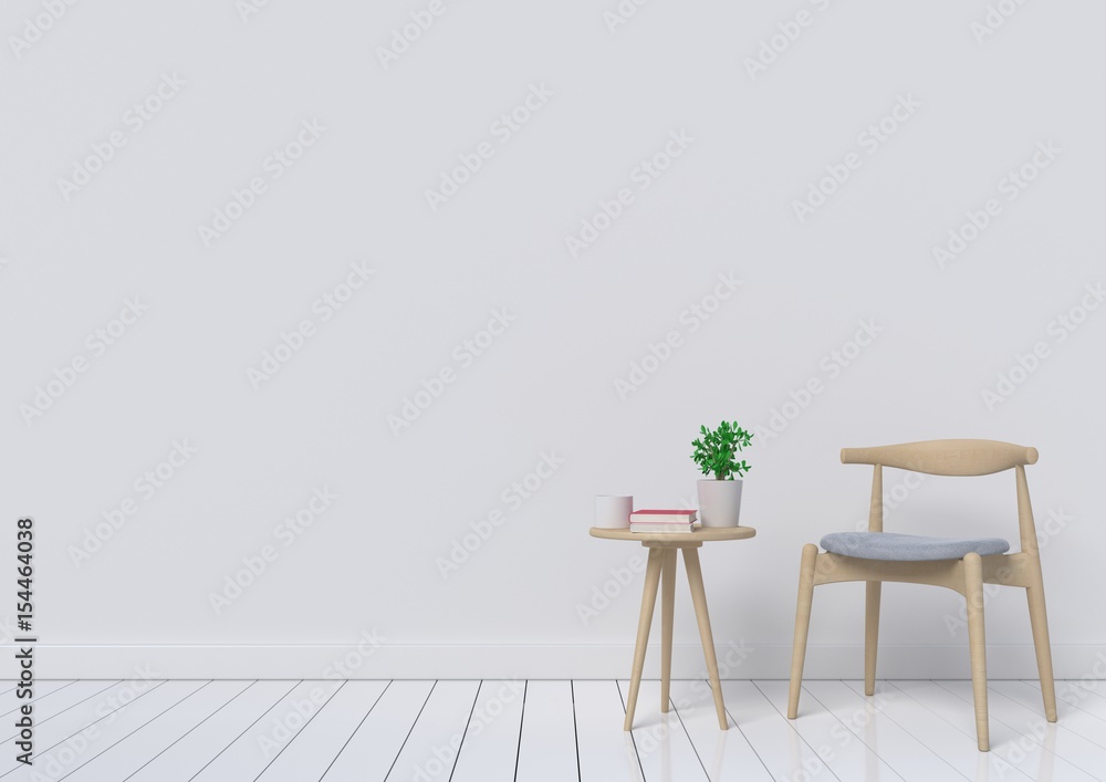 Interior with armchairs and ornamental plants on empty wall background,3D rendering