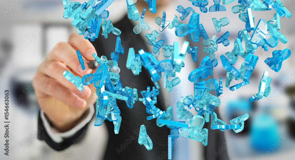 Businessman holding 3D rendering group of blue people