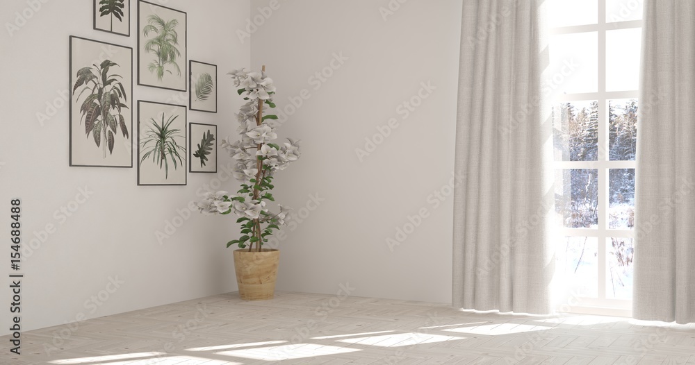 White empty room with winter landscape in window. Scandinavian interior design. 3D illustration