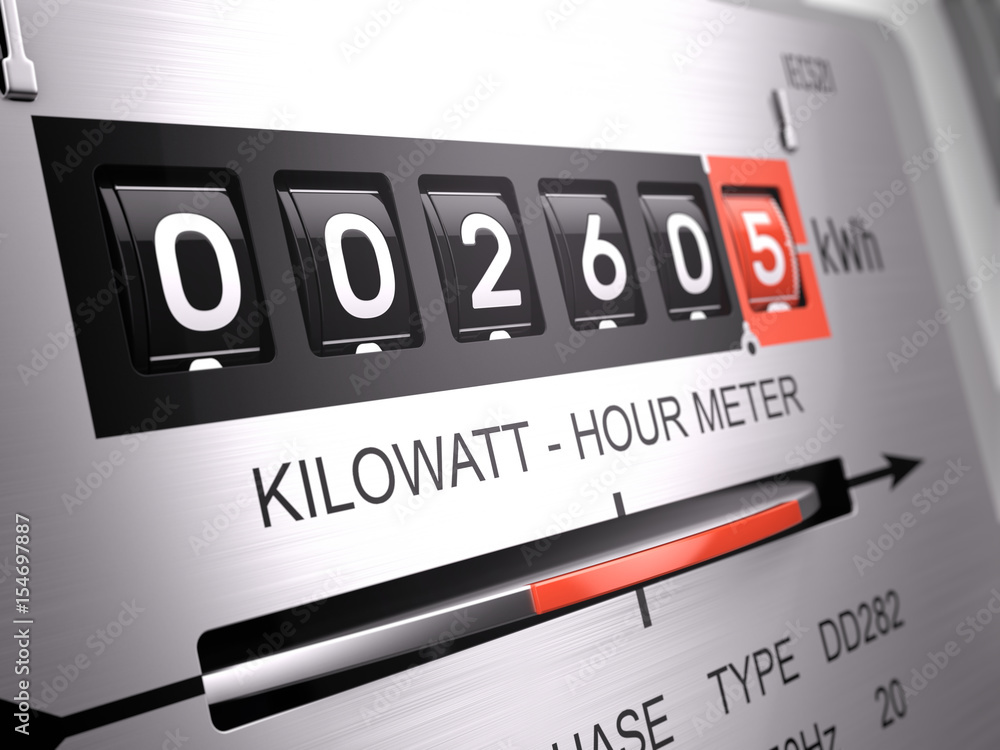 Kilowatt hour electric meter, power supply meter - closeup view. 3d rendering