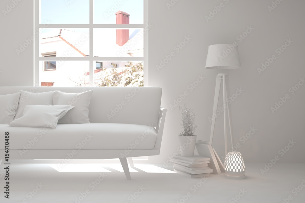 White room with sofa. Scandinavian interior design. 3D illustration