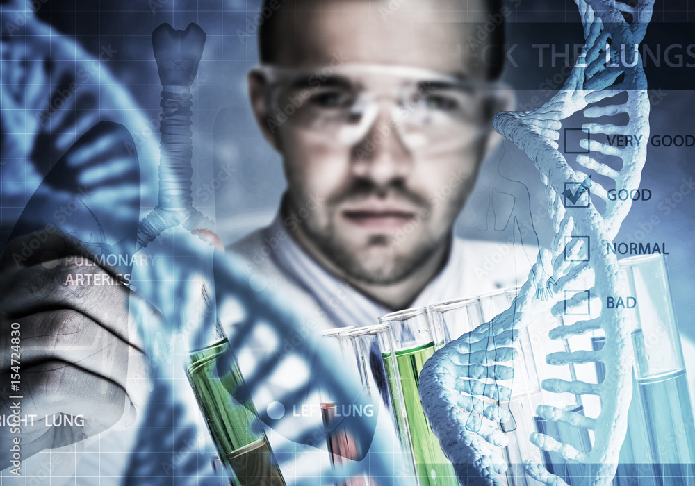 Young scientist mixing reagents in glass flask in clinical laboratory