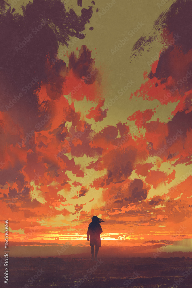 lonely man looking at fiery sunset sky with digital art style, illustration painting