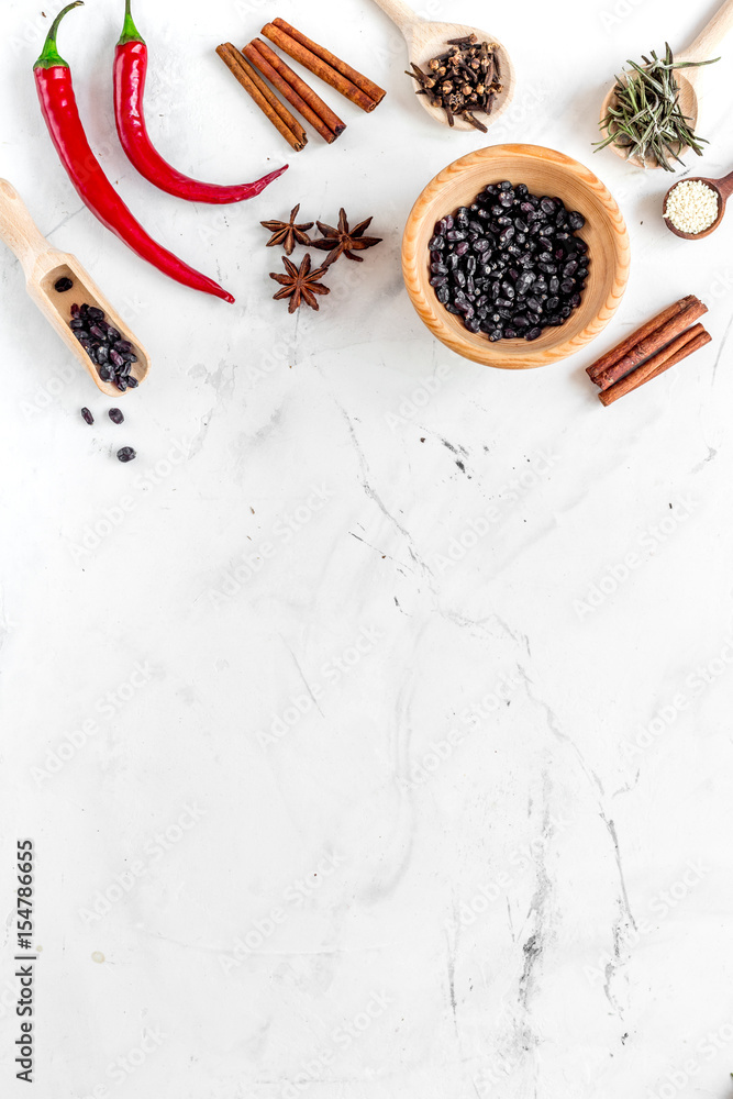 Flat lay herb and spices on white kitchen background space for text