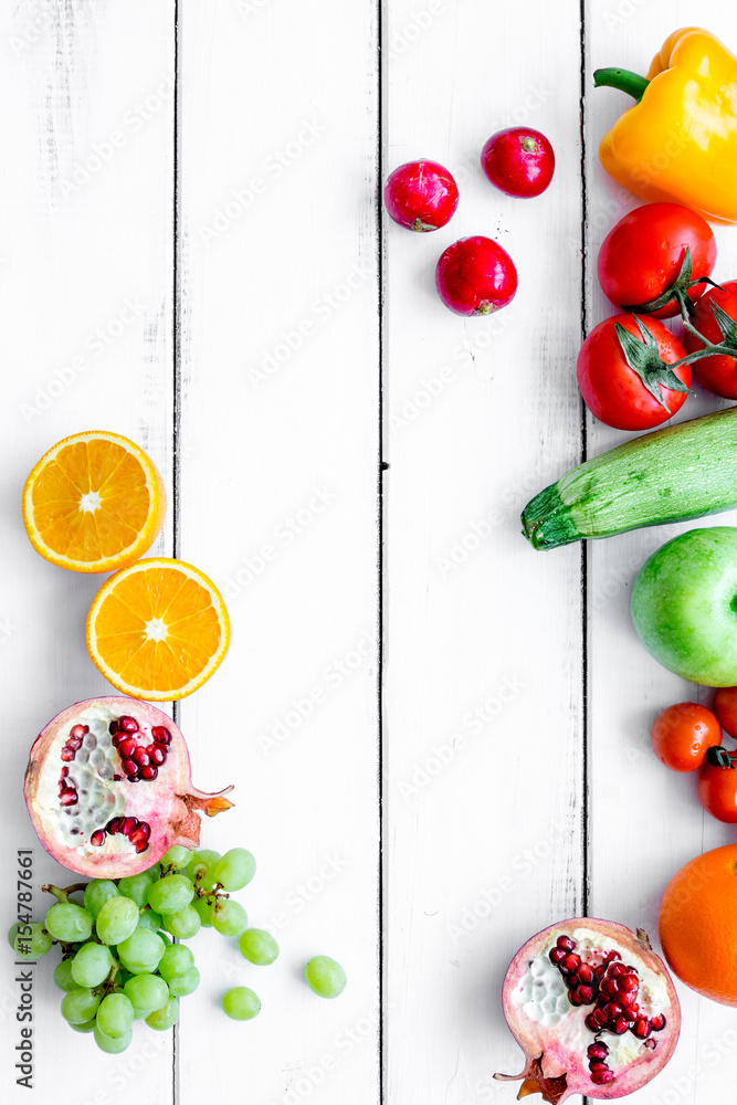 diet food with fresh fruits and vegetables salad white background top view mockup