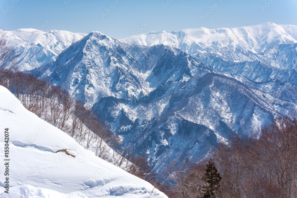 美丽的冬季风景，日本的山峰被雪覆盖。日本的概念旅行。