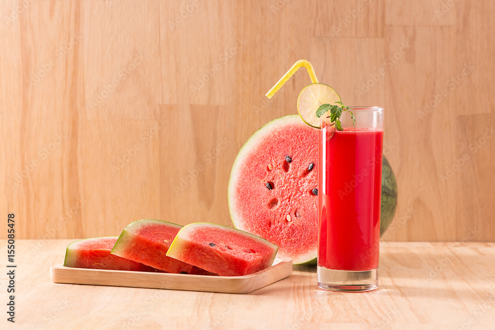 Watermelon drink in glasses with slices of watermelon in summertime