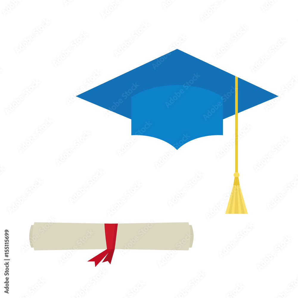 Blue  graduation  cap and diploma  scroll  isolated on white  background.