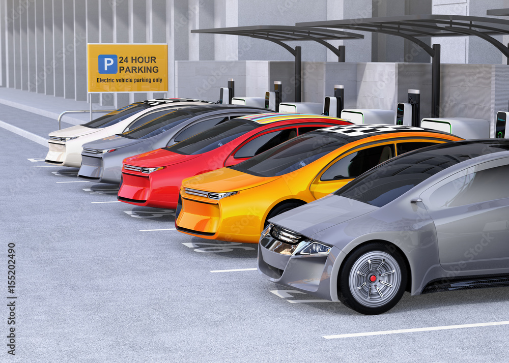 Electric cars charging at EV charging station. Cars roof with colorful graphic design. 3D rendering