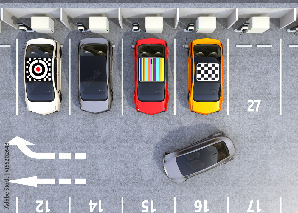 Aerial view of colorful EV charging at parking lot. Cars roof with colorful graphic design. 3D rend