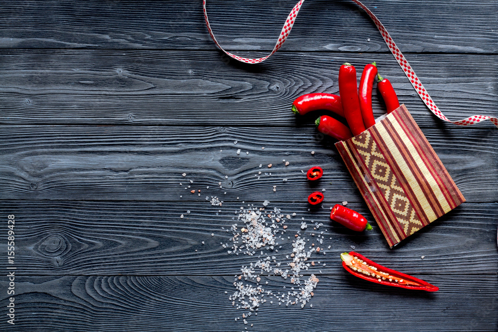 hot food with red chili on wooden table background top view mock up