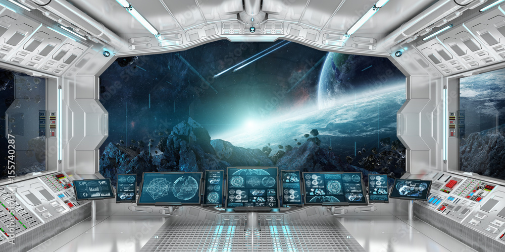 Spaceship interior with view on distant planets system 3D rendering elements of this image furnished