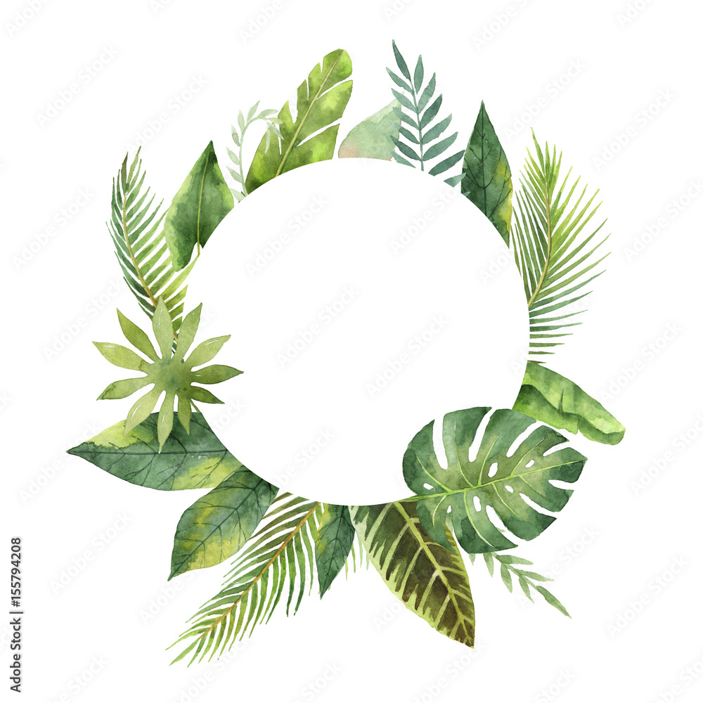 Watercolor round frame tropical leaves and branches isolated on white background.