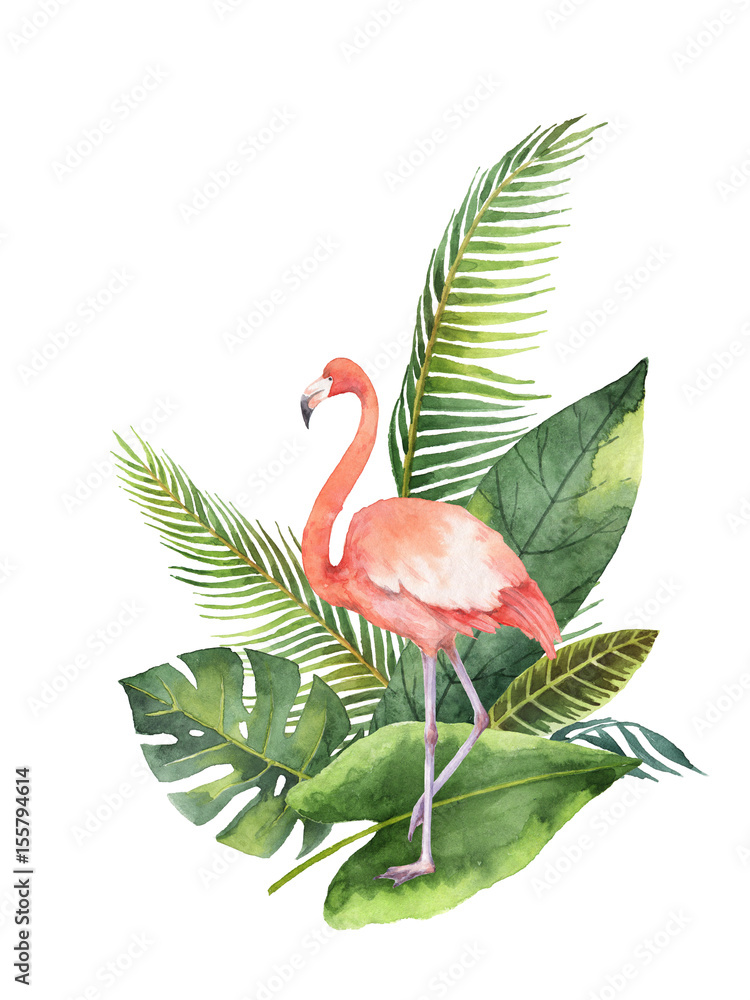 Watercolor bouquet of tropical leaves and the pink Flamingo isolated on white background.