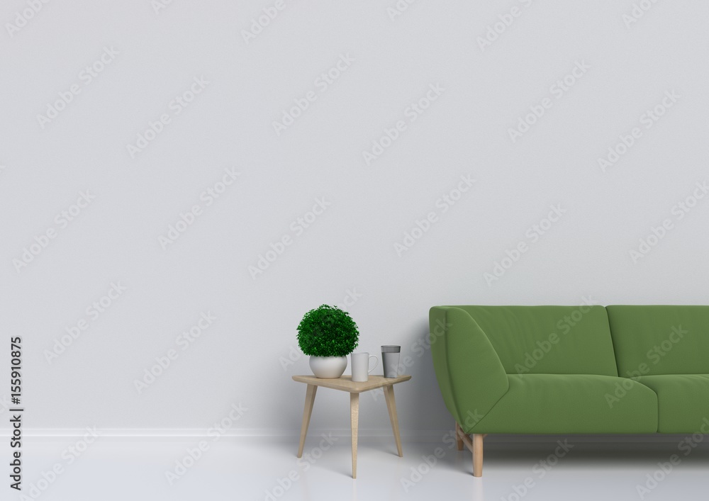 Interior with sofa, plants and plaid on empty,3D rendering