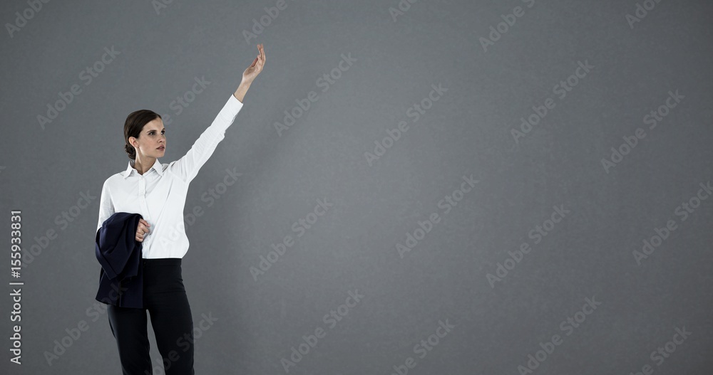 Composite image of full length of businesswoman gesturing