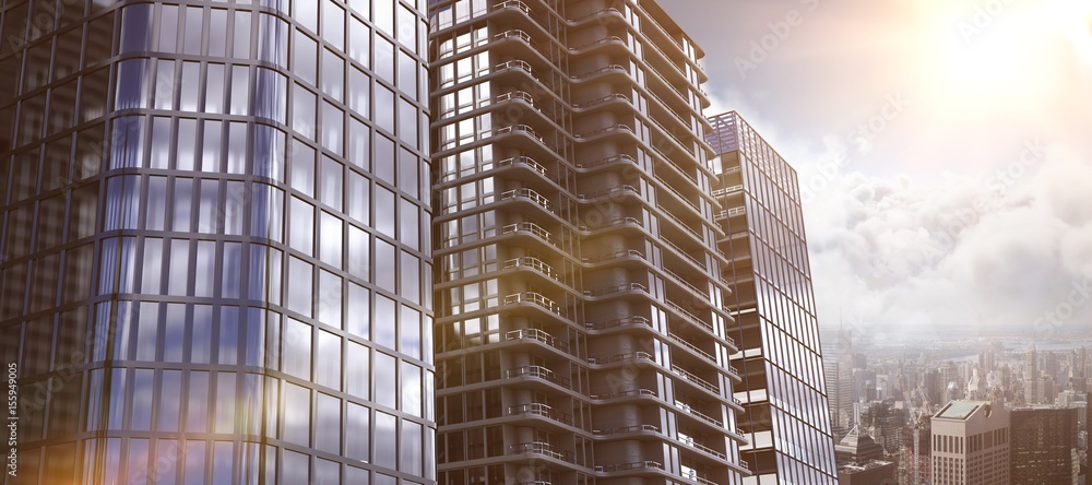 Composite image of 3d image of glass buildings