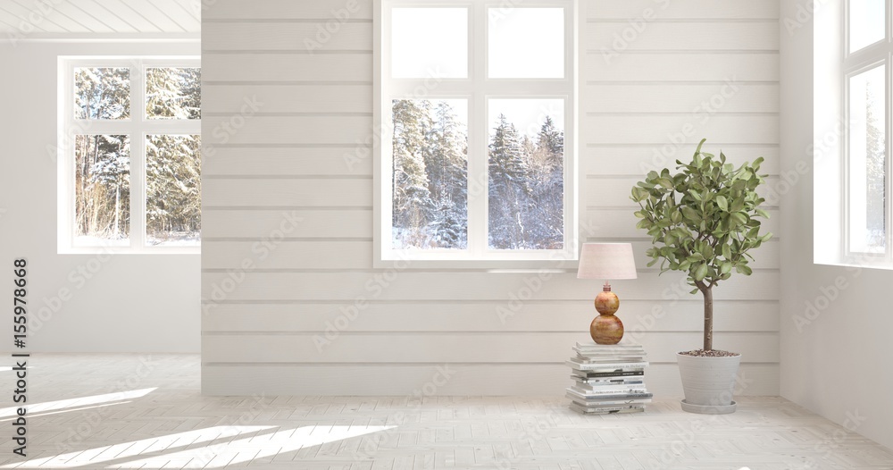 White empty room with winter landscape in window. Scandinavian interior design. 3D illustration