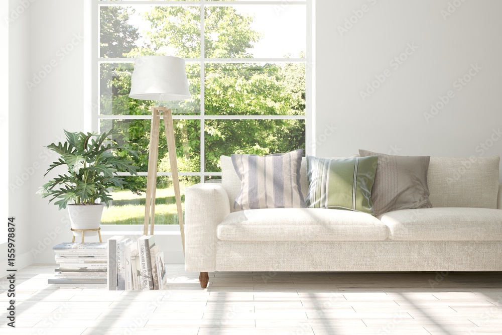 White room with sofa and green landscape in window. Scandinavian interior design. 3D illustration