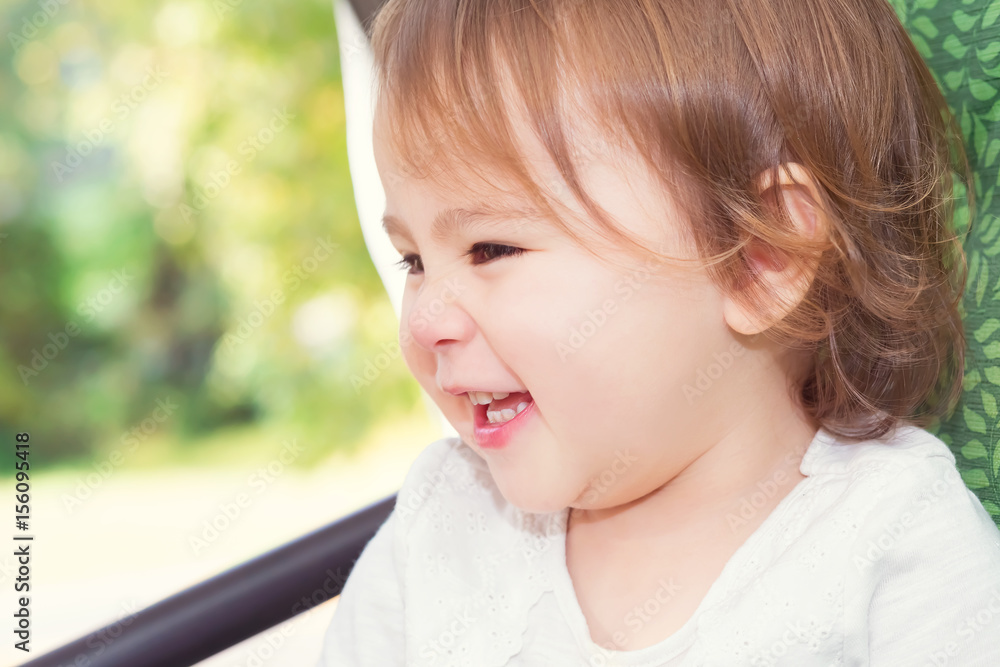 Happy toddler girl laughing while playing on a swing