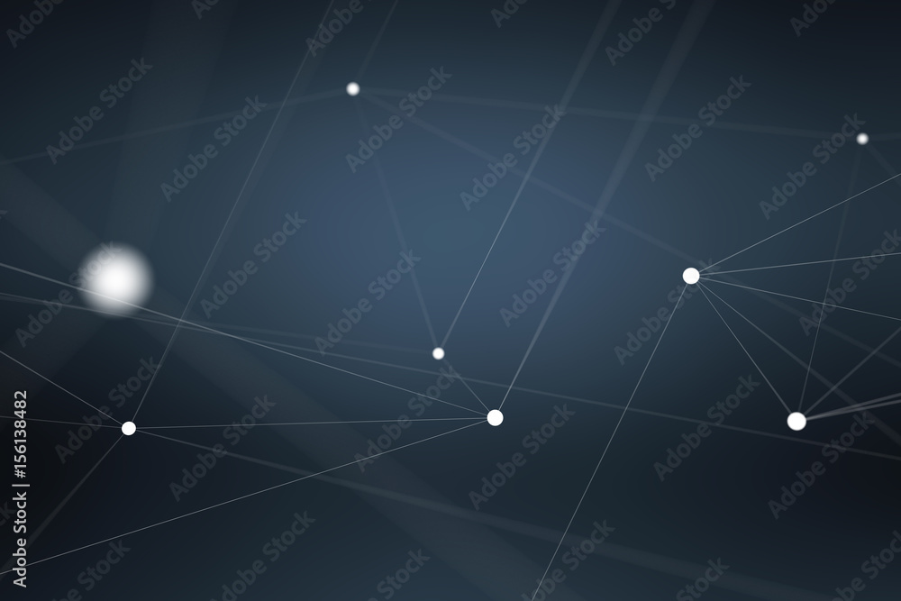 Floating white and blue glowing dot network 3D rendering