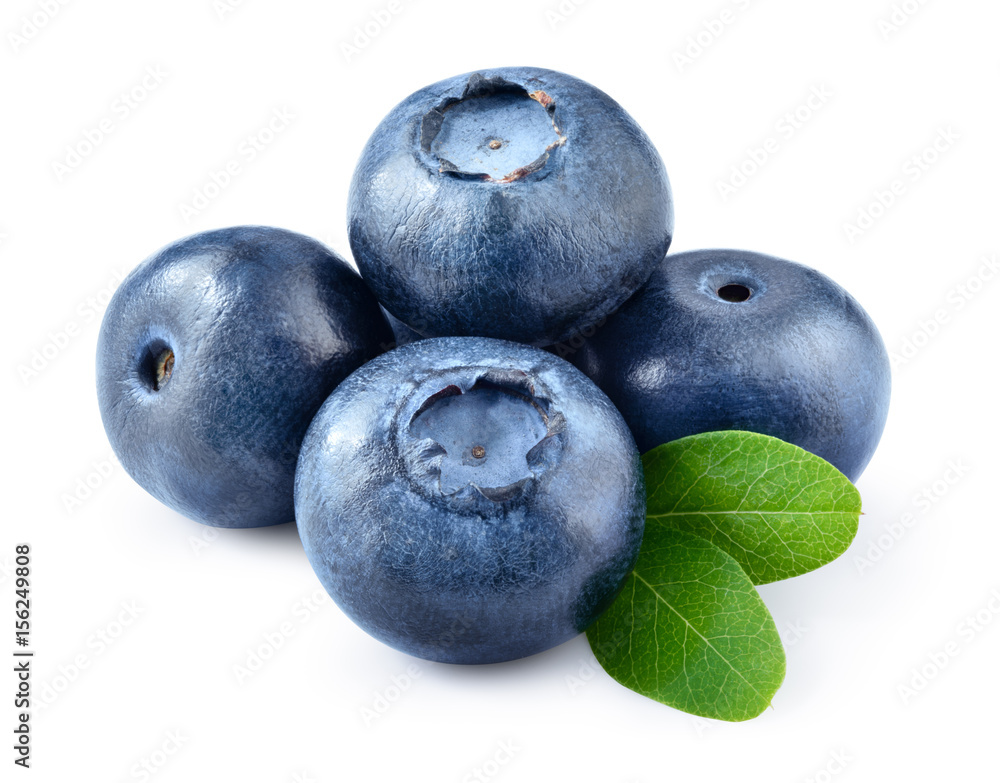 Blueberry. Fresh raw berries with leaves isolated on white background. With clipping path.