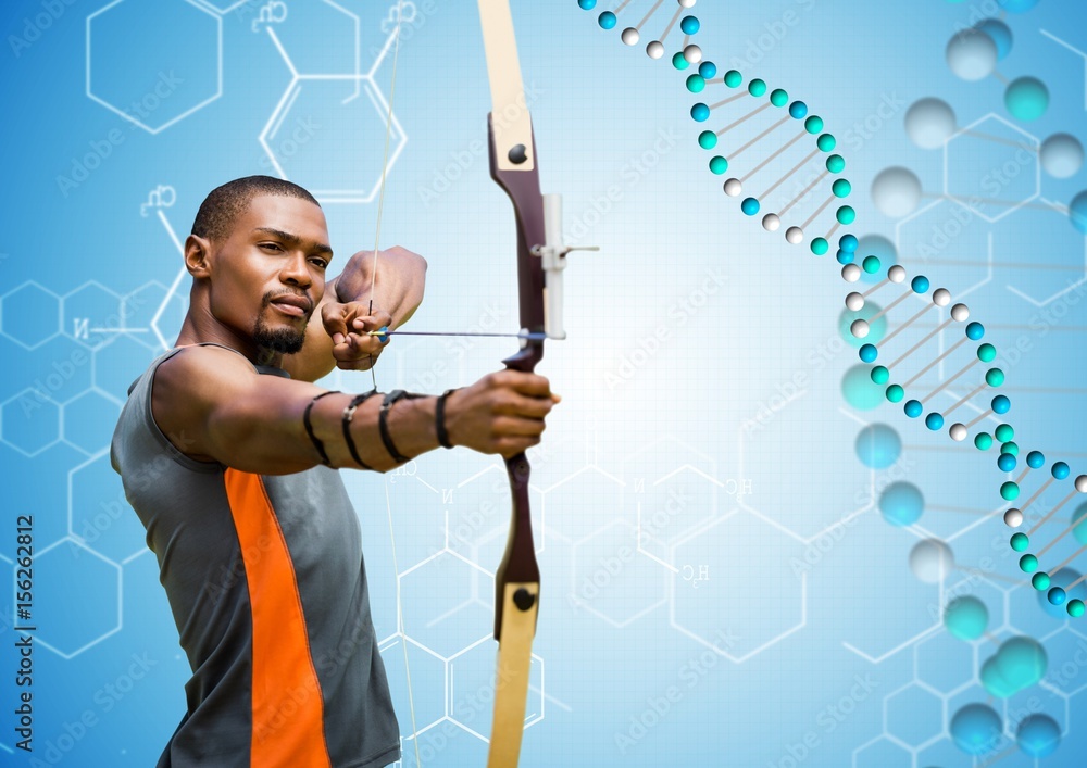 Archer man with blue and white dna chain in a blue background.